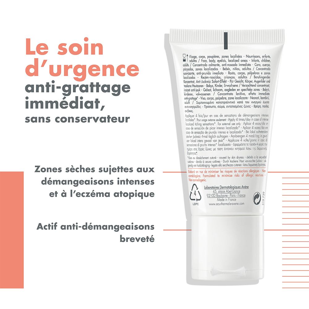 Dos du tube avec texte. Contient des informations sur l'utilisation et les ingrédients.