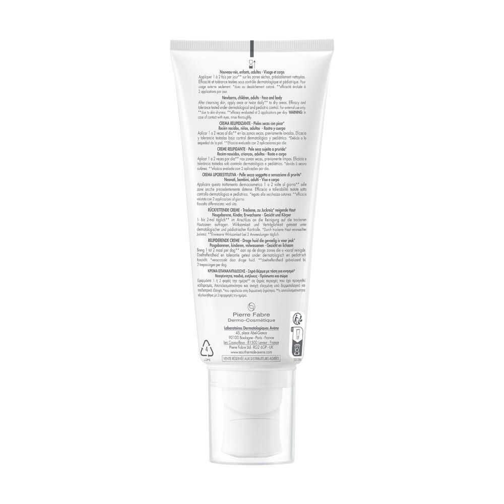 Dos du tube blanc. Texte multilingue. Informations fabricant. Cosmétique stérile.