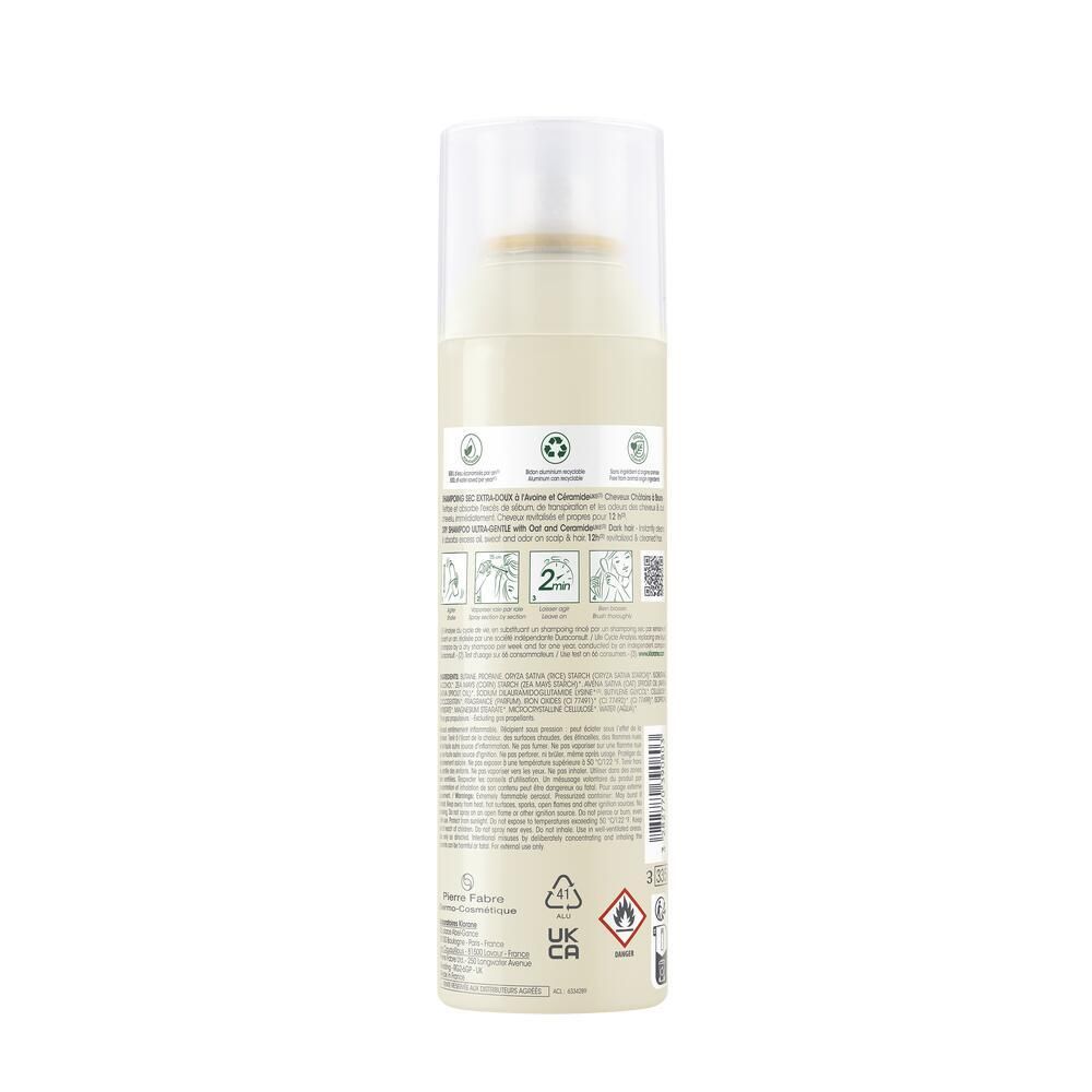 Rückseite der KLORANE Trockenshampoo-Flasche. Text, Logos und Piktogramme. Recycling- und Sicherheitszeichen.