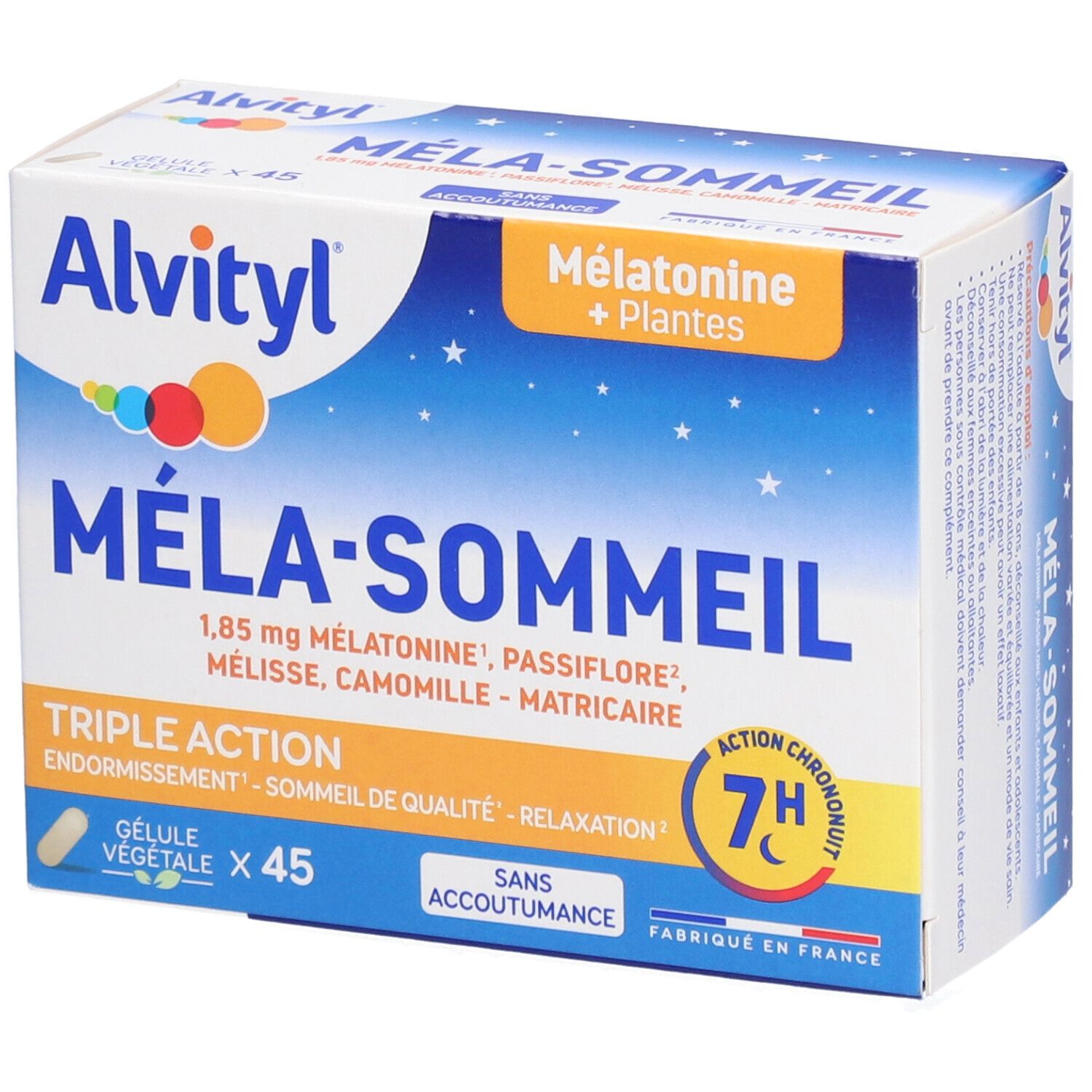 Boîte de ALVITYL Méla-Sommeil. Contient 45 gélules. Emballage bleu et blanc avec nom et ingrédients du produit.