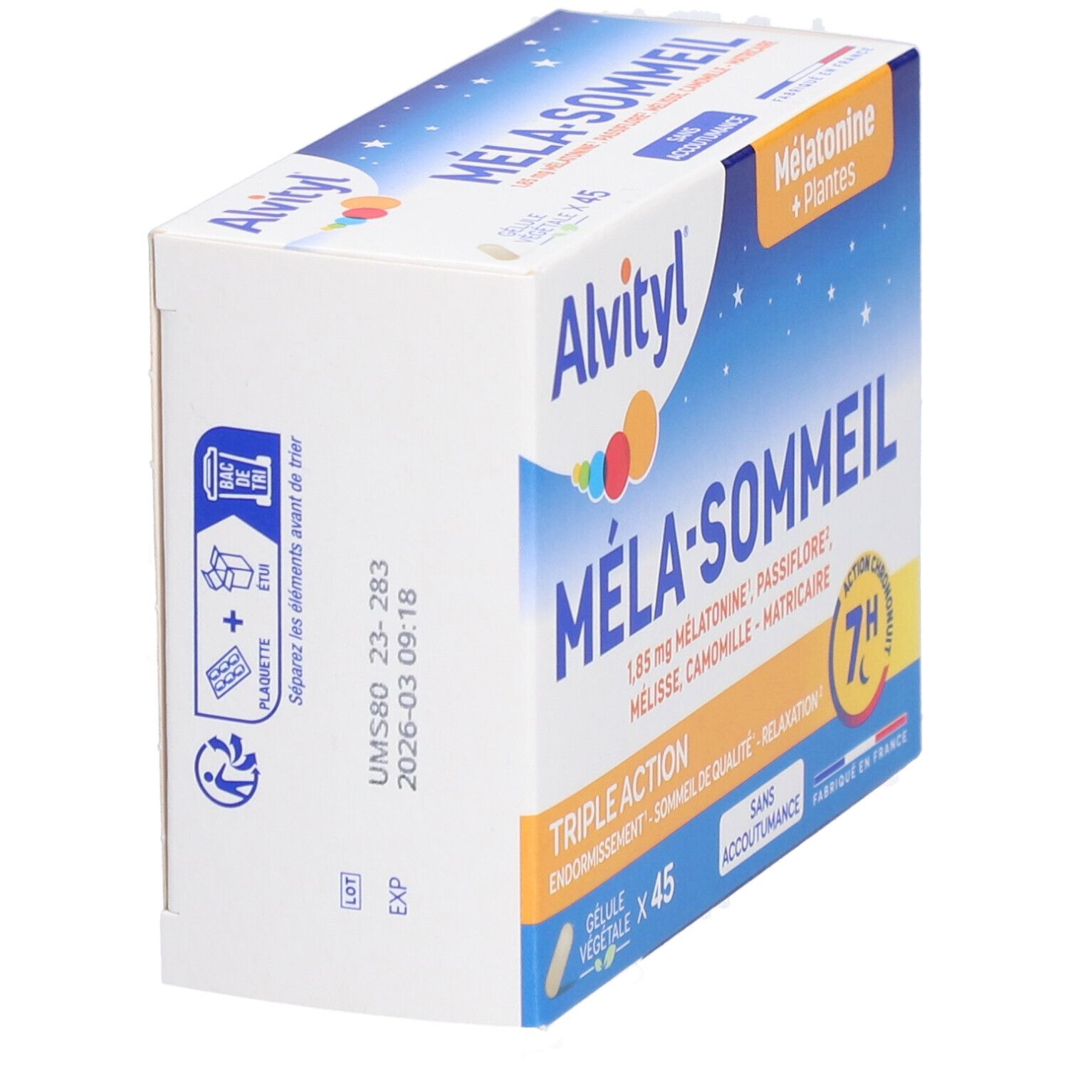 Boîte ALVITYL Méla-Sommeil. Emballage bleu et blanc. Contient 45 gélules. Nom et ingrédients du produit visibles.