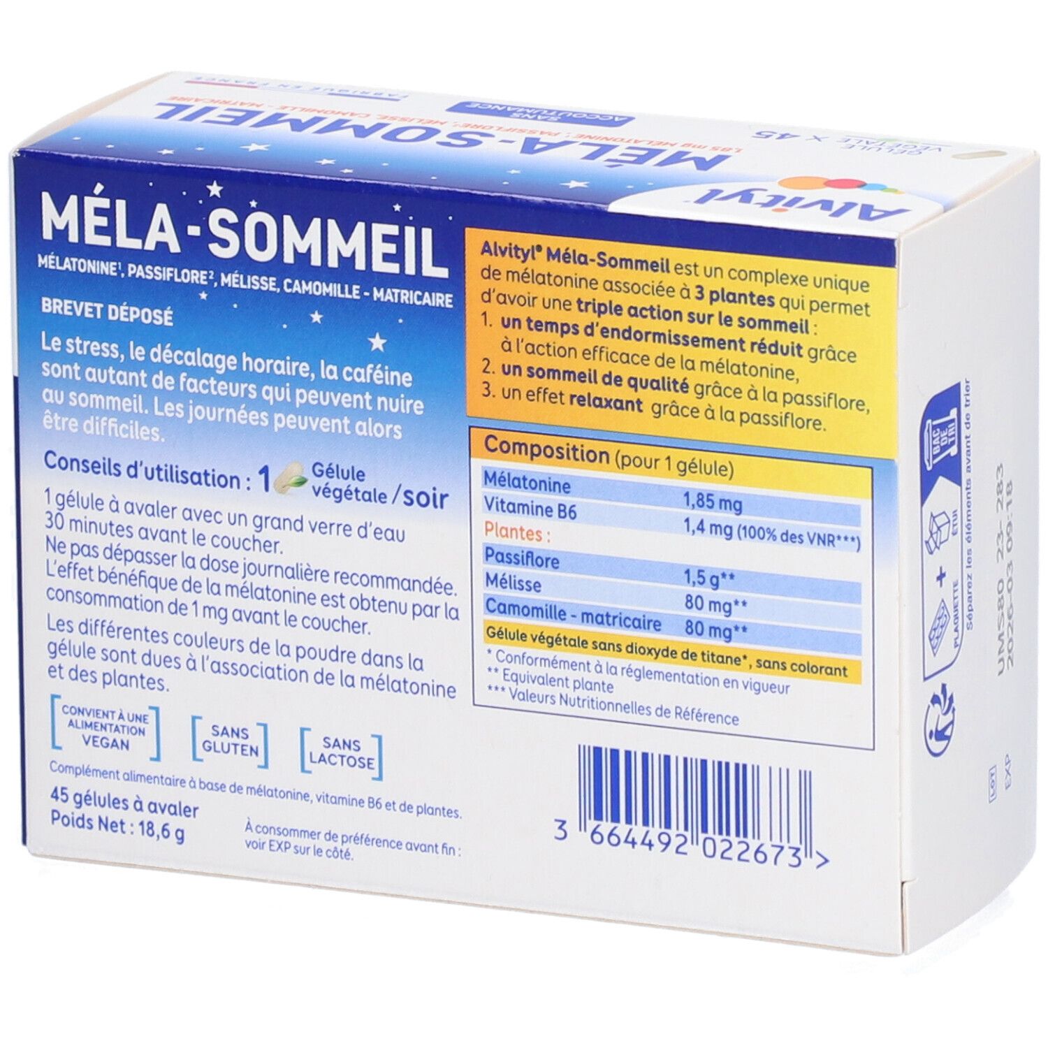 Dos de la boîte ALVITYL Méla-Sommeil. Contient des informations sur les ingrédients, l'utilisation et les précautions.