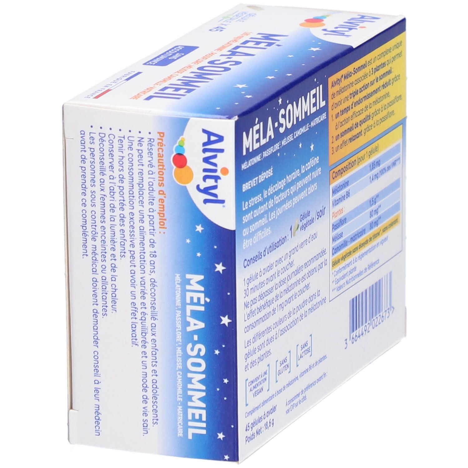 Boîte ALVITYL Méla-Sommeil. Contient des informations sur les ingrédients, l'utilisation et les précautions. Emballage bleu et blanc.