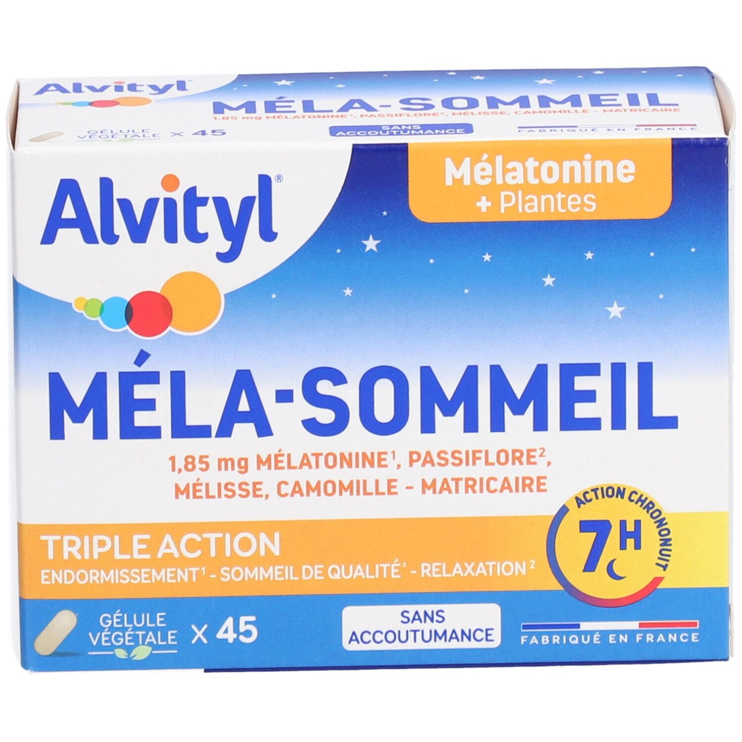 Boîte ALVITYL Méla-Sommeil. Contient 45 gélules. Emballage bleu et blanc avec nom et ingrédients du produit.