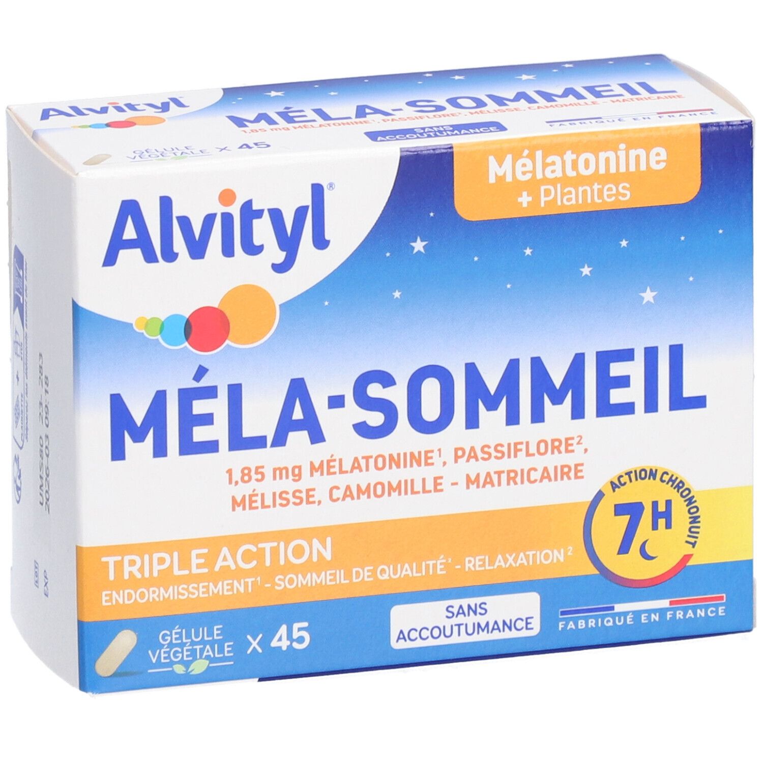 Boîte ALVITYL Méla-Sommeil. Contient 45 gélules. Emballage bleu et blanc avec nom et ingrédients du produit.