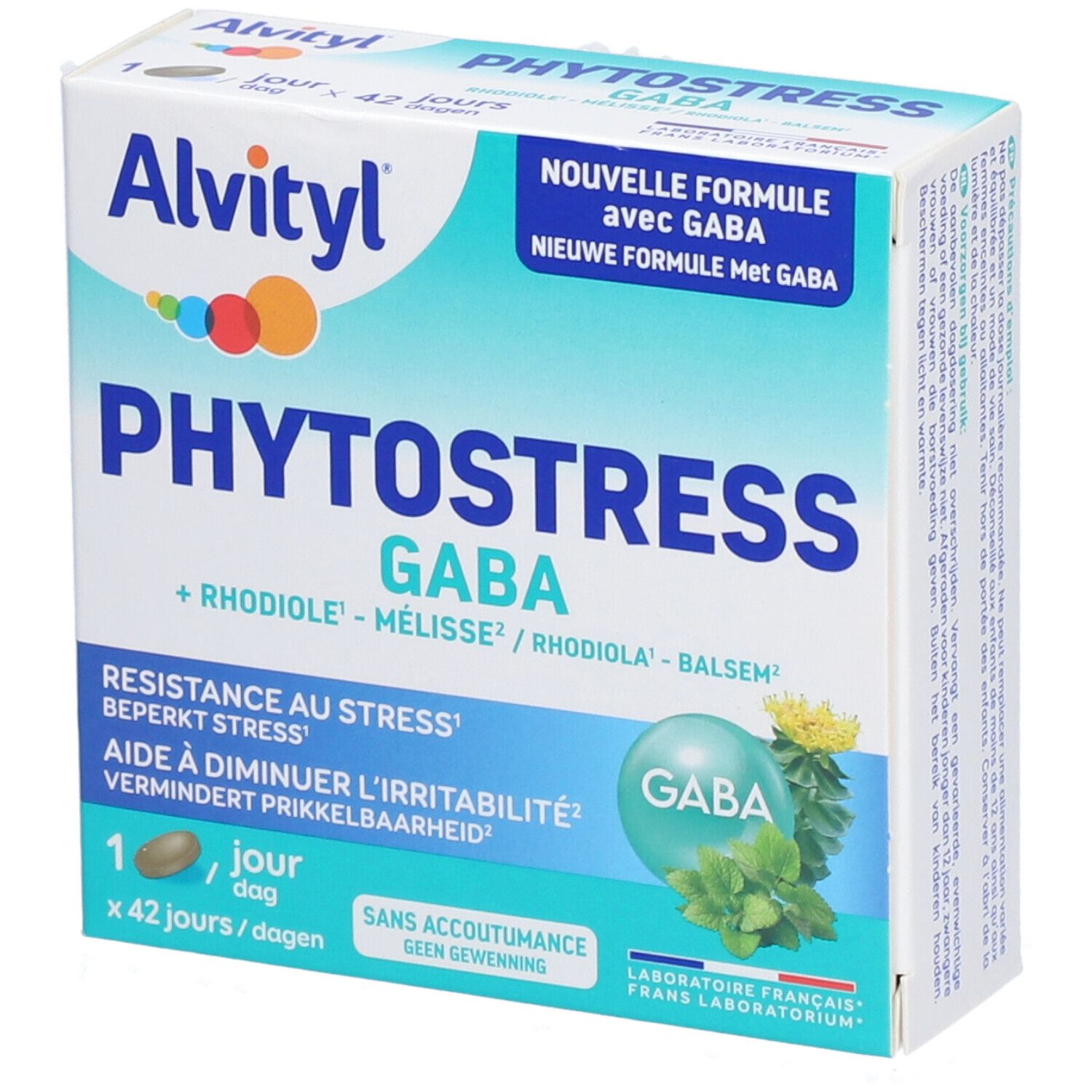 Boîte de produit avec logo et nom. Couleurs bleu et blanc. Texte: Phytostress GABA, 42 jours.