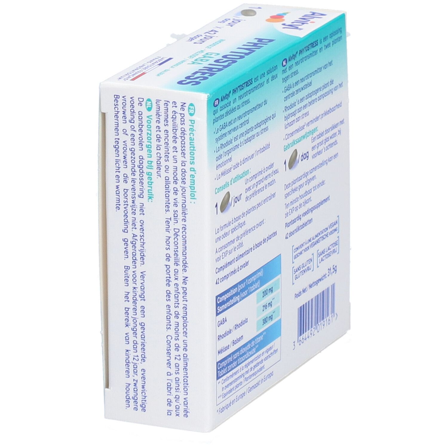 Vue latérale de la boîte du produit. Informations textuelles et code-barres. Couleurs: bleu et blanc.