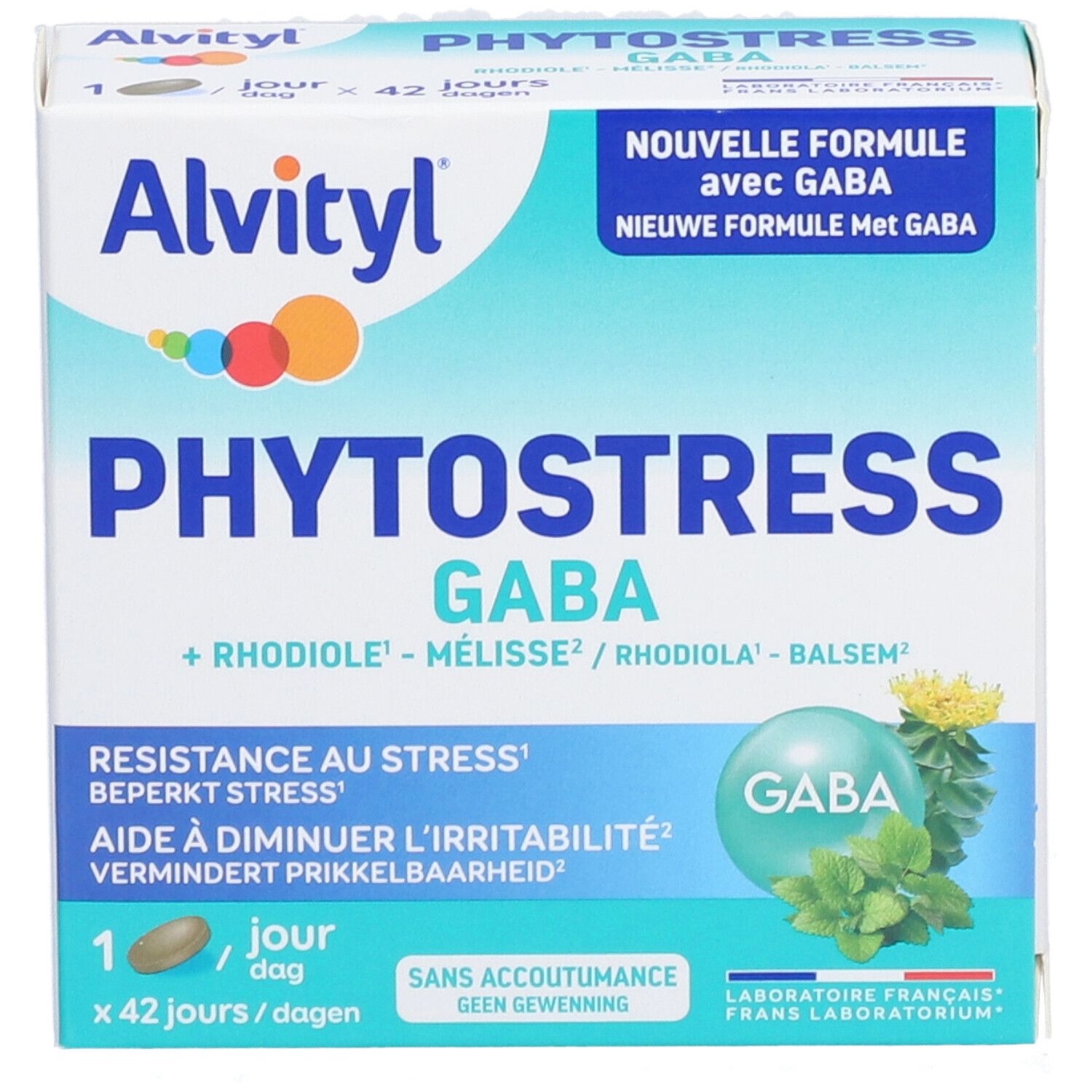 Boîte de produit avec logo et nom. Couleurs bleu et blanc. Texte: Phytostress GABA, 42 jours.