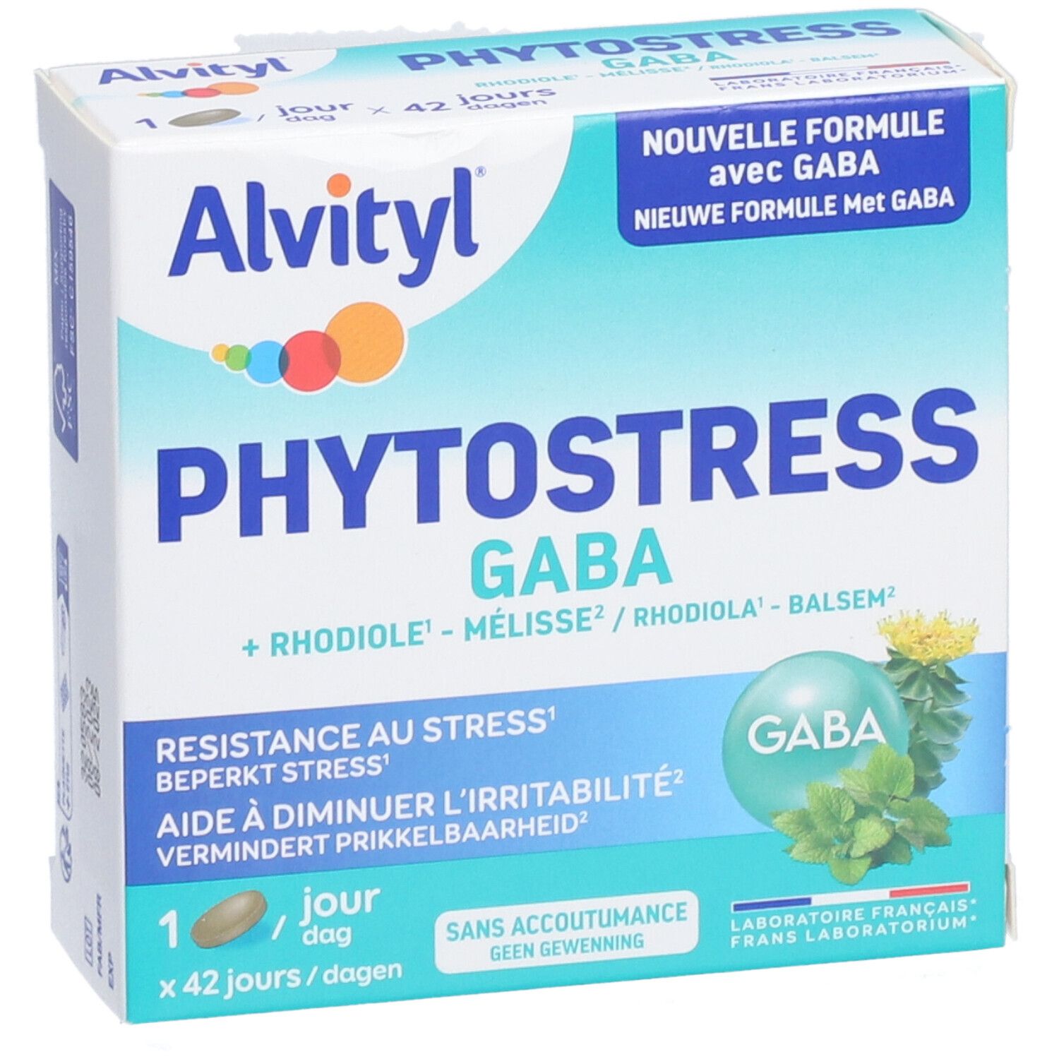 Boîte de produit avec logo et nom. Couleurs bleu et blanc. Texte: Phytostress GABA, 42 jours.
