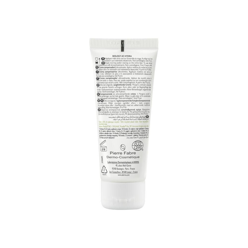 Dos du tube de crème A-DERMA BIOLOGY AC HYDRA. Texte et symboles. Logo Pierre Fabre. Certification bio.