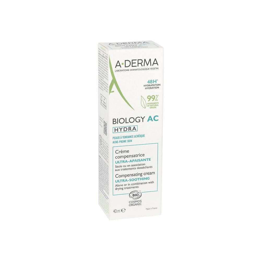 Emballage de la crème A-DERMA BIOLOGY AC HYDRA. Boîte blanche, accents verts. 40ml. Inscription : Ultra-apaisante.