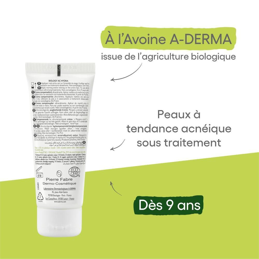 Dos du tube de crème A-DERMA BIOLOGY AC HYDRA. Texte et symboles. Logo Pierre Fabre. Certification bio.