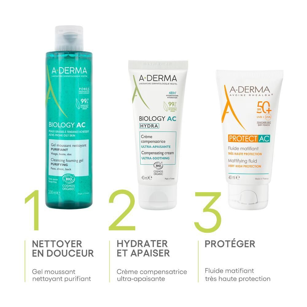 Trois produits A-DERMA : gel nettoyant, crème, protection solaire. Produits avec accents verts. Texte : Nettoyer, hydrater, protéger.