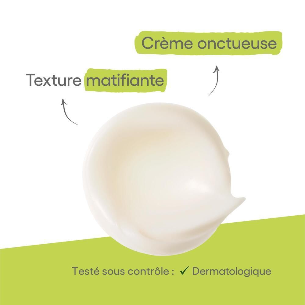 Texture de crème. Crème blanche. Texte : Texture matifiante. Testé dermatologiquement.
