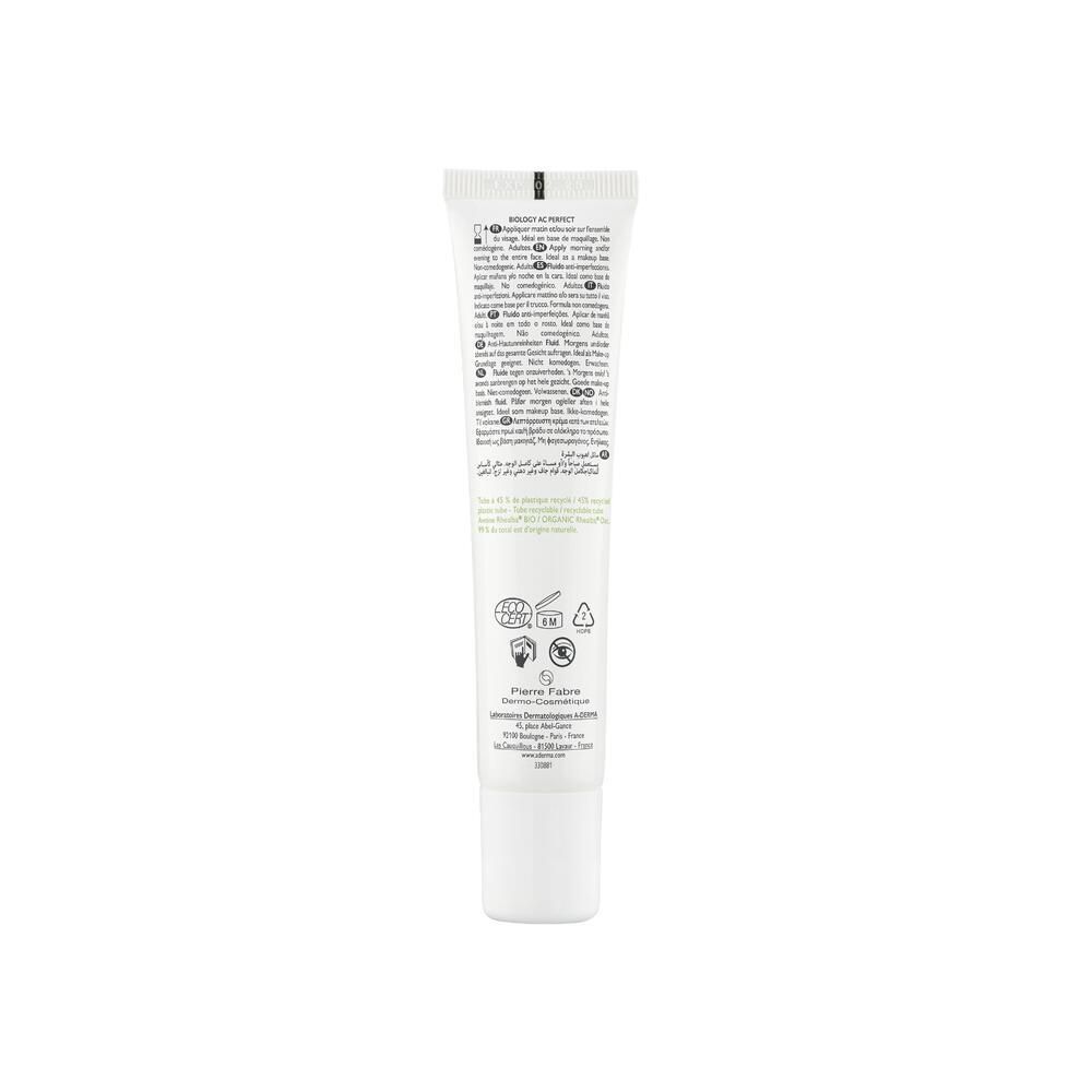 Dos du tube A-DERMA BIOLOGY AC PERFECT. Texte et symboles sur fond blanc.