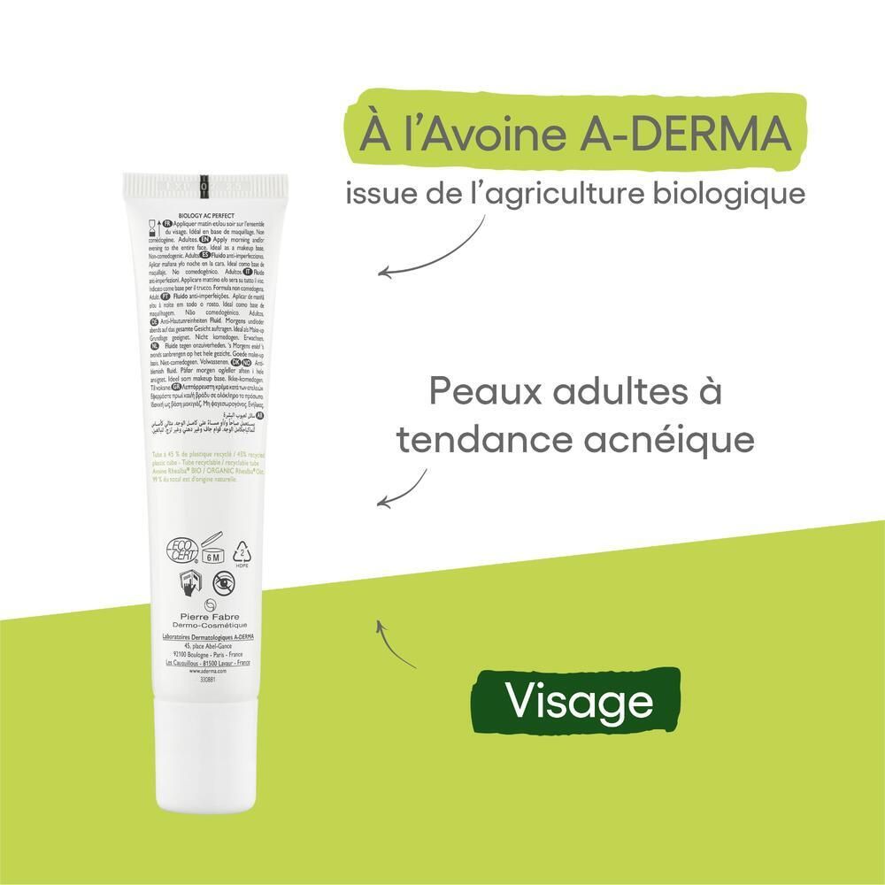 Dos du tube A-DERMA BIOLOGY AC PERFECT. Texte et symboles sur fond vert.