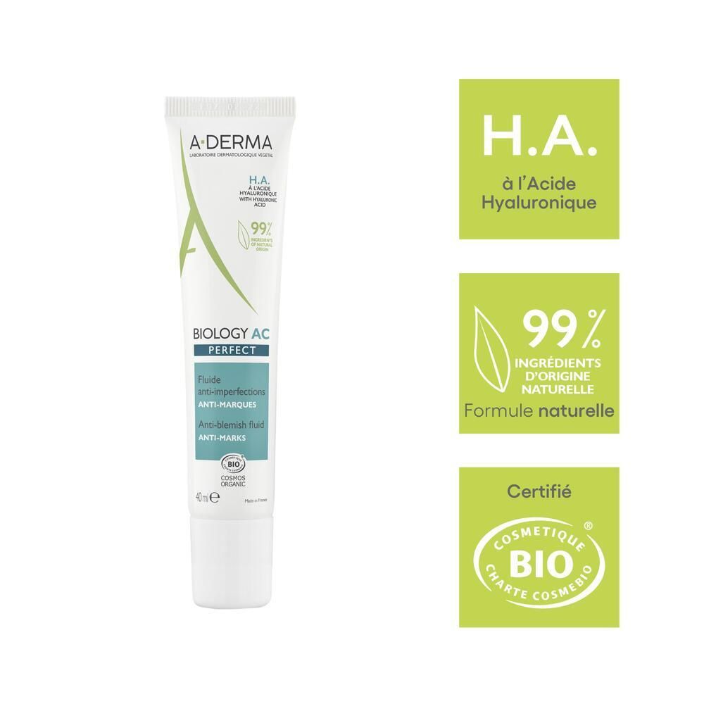 Tube A-DERMA BIOLOGY AC PERFECT. Gros plan avec texte et certifications.