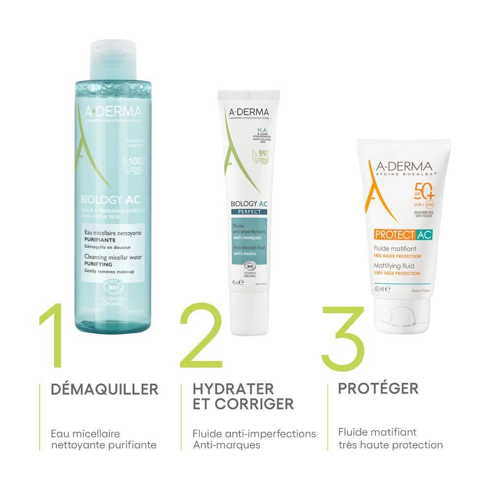 Trois produits A-DERMA : eau micellaire, crème et protection solaire.