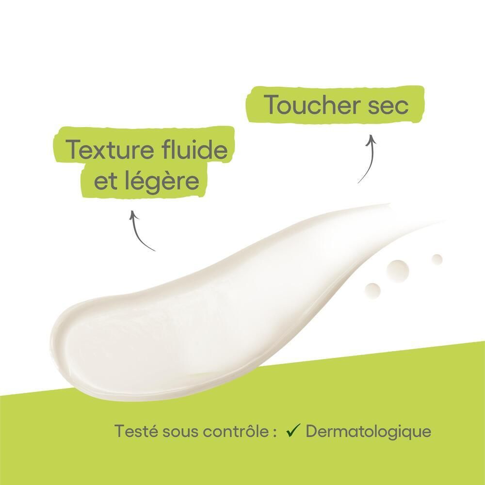 Démonstration de texture : texture fluide et légère. Testé dermatologiquement.