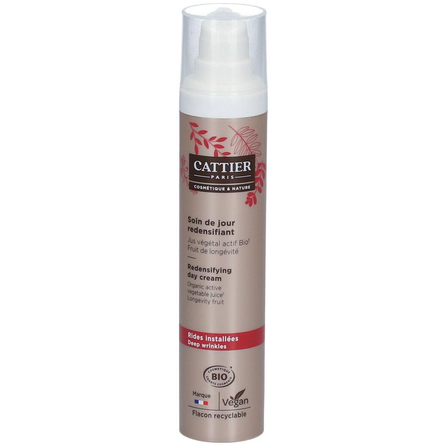 Flacon de crème de jour Cattier. Distributeur blanc, flacon marron avec texte et logo. Certification bio.