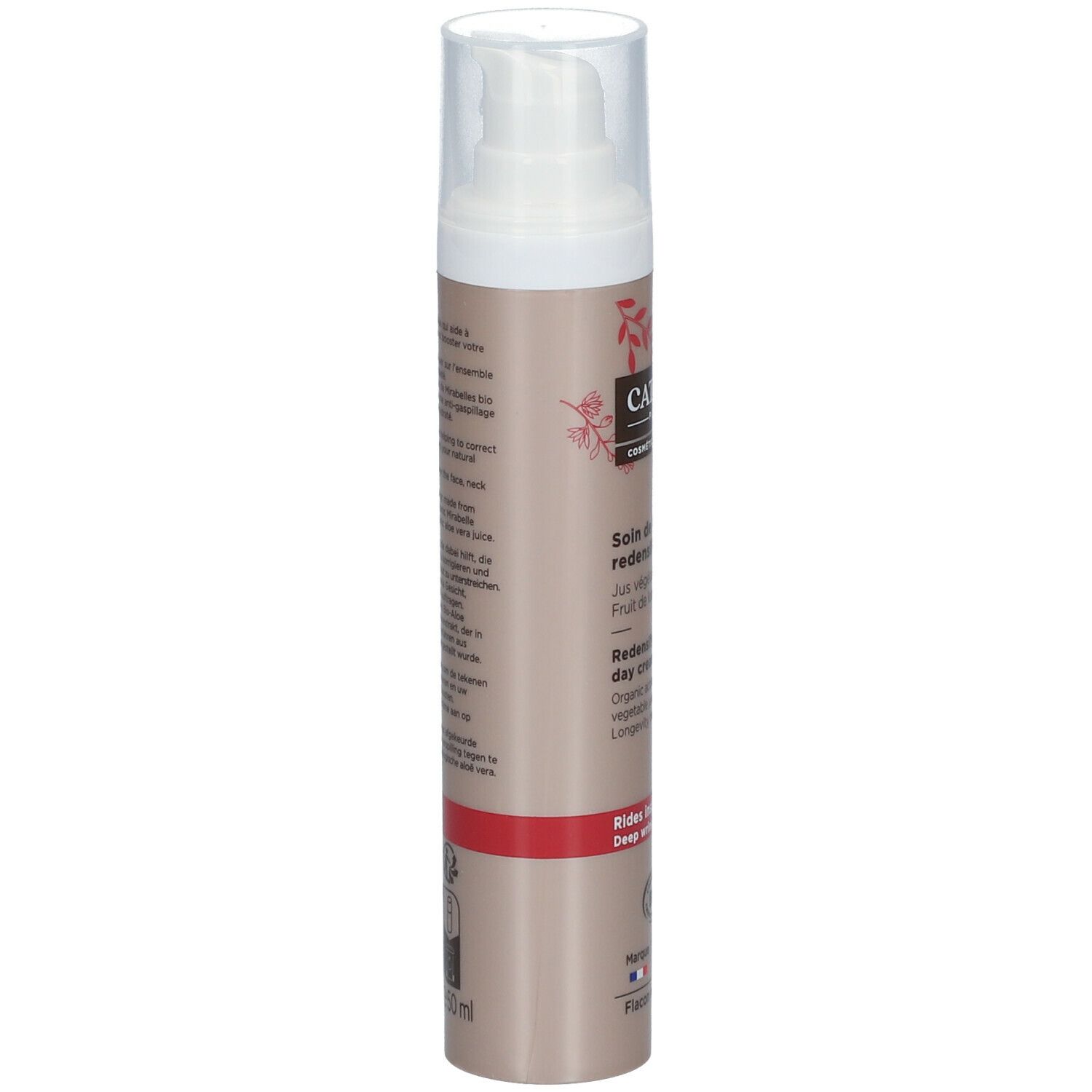 Flacon de crème de jour Cattier. Flacon marron avec texte et logo. Certification bio et label vegan.