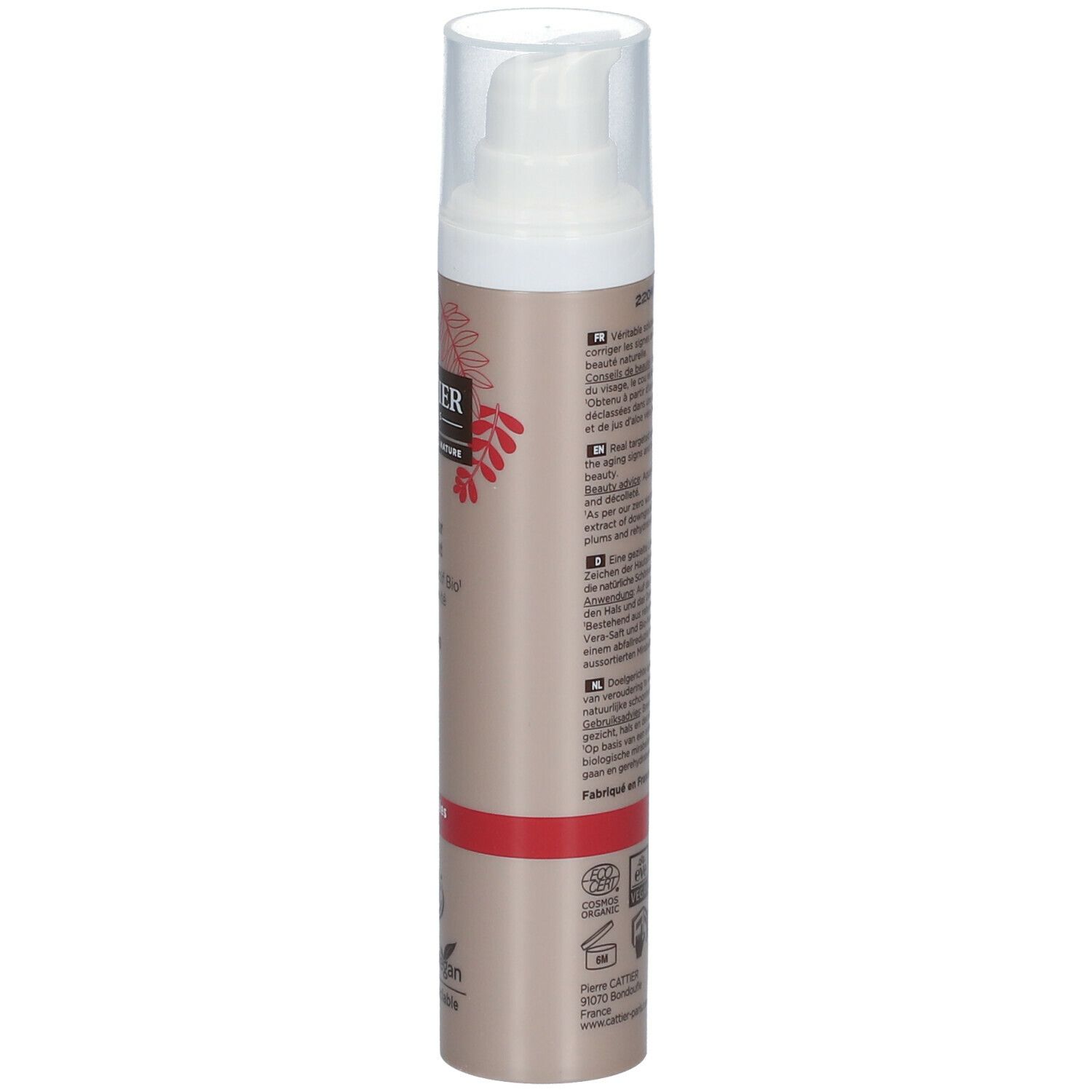 Flacon de crème de jour Cattier. Flacon marron avec texte et logo. Certification bio et label vegan.
