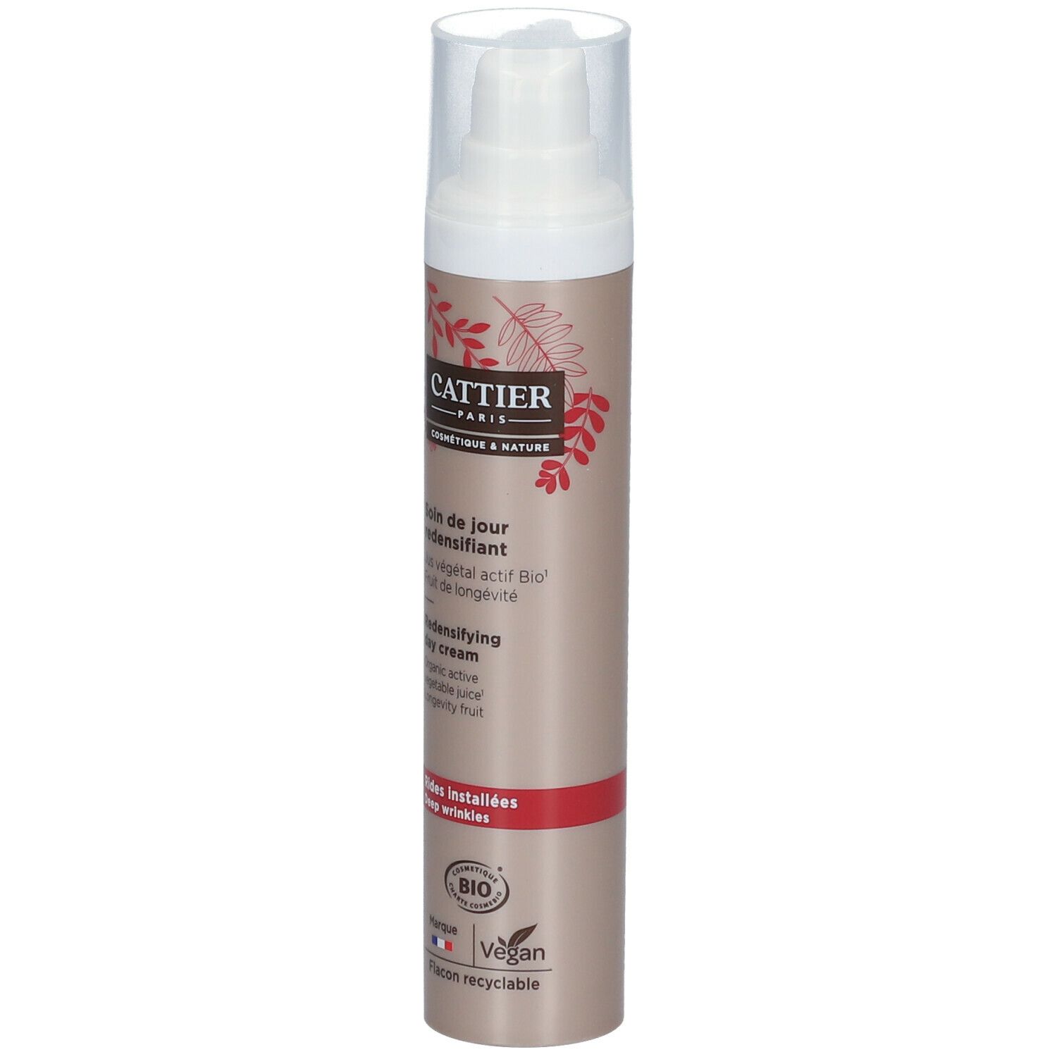 Flacon de crème de jour Cattier. Flacon marron avec texte et logo. Certification bio et label vegan.