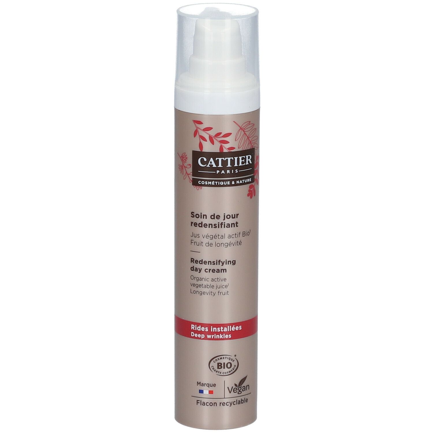 Flacon de crème de jour Cattier. Flacon marron avec texte et logo. Certification bio et label vegan.