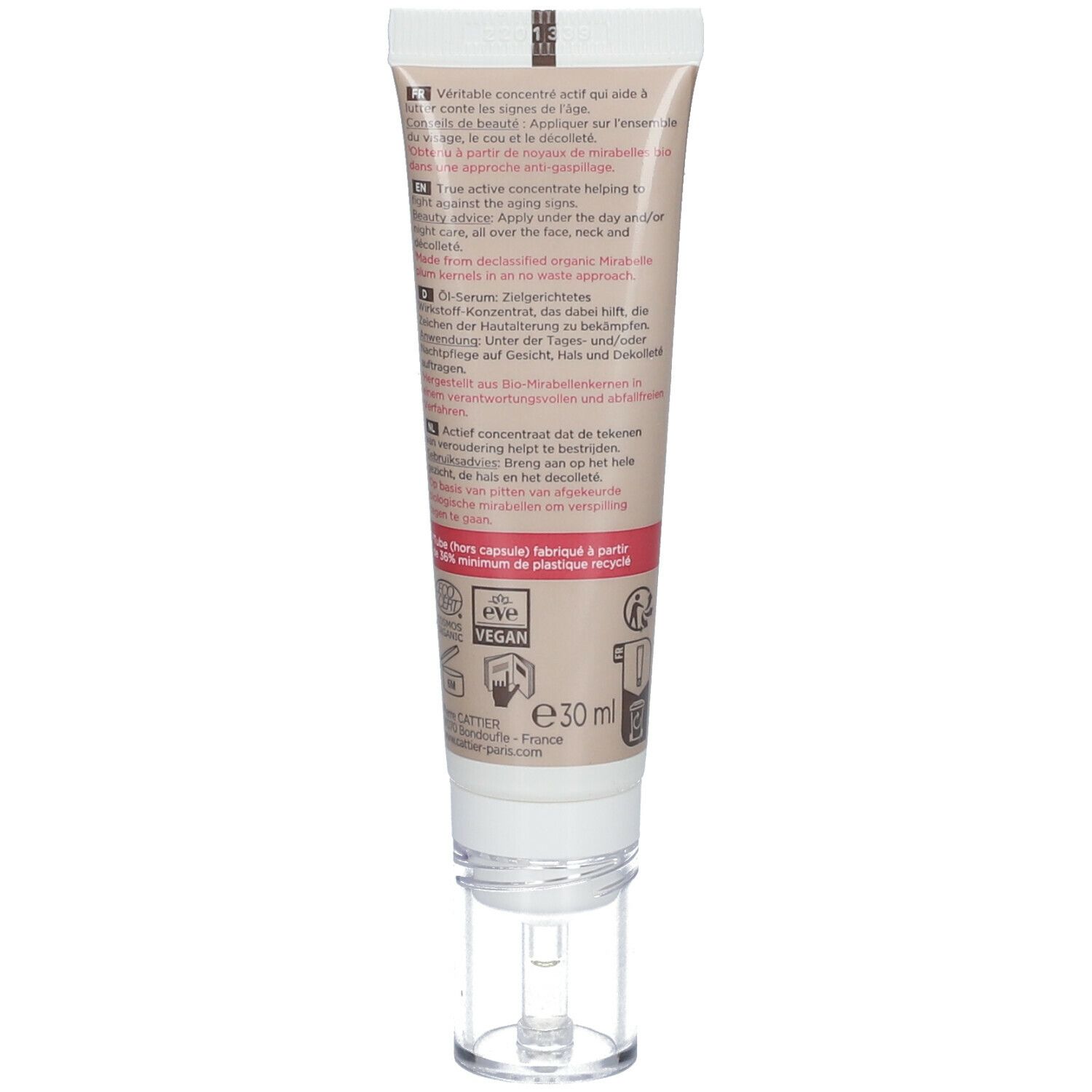 Achterkant van de crèmetube. Meertalige tekst. Volume: 30 ml. Vegan-label. Fabrikantinformatie.