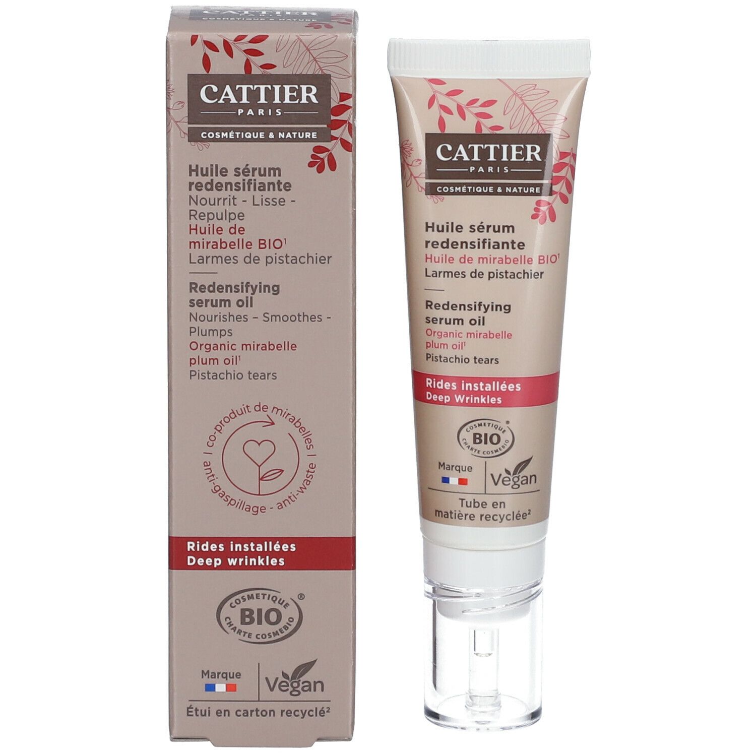 Productverpakking met tube. Opschrift: Huile sérum redensifiante. Met Bio- en Vegan-label. Kartonnen verpakking.