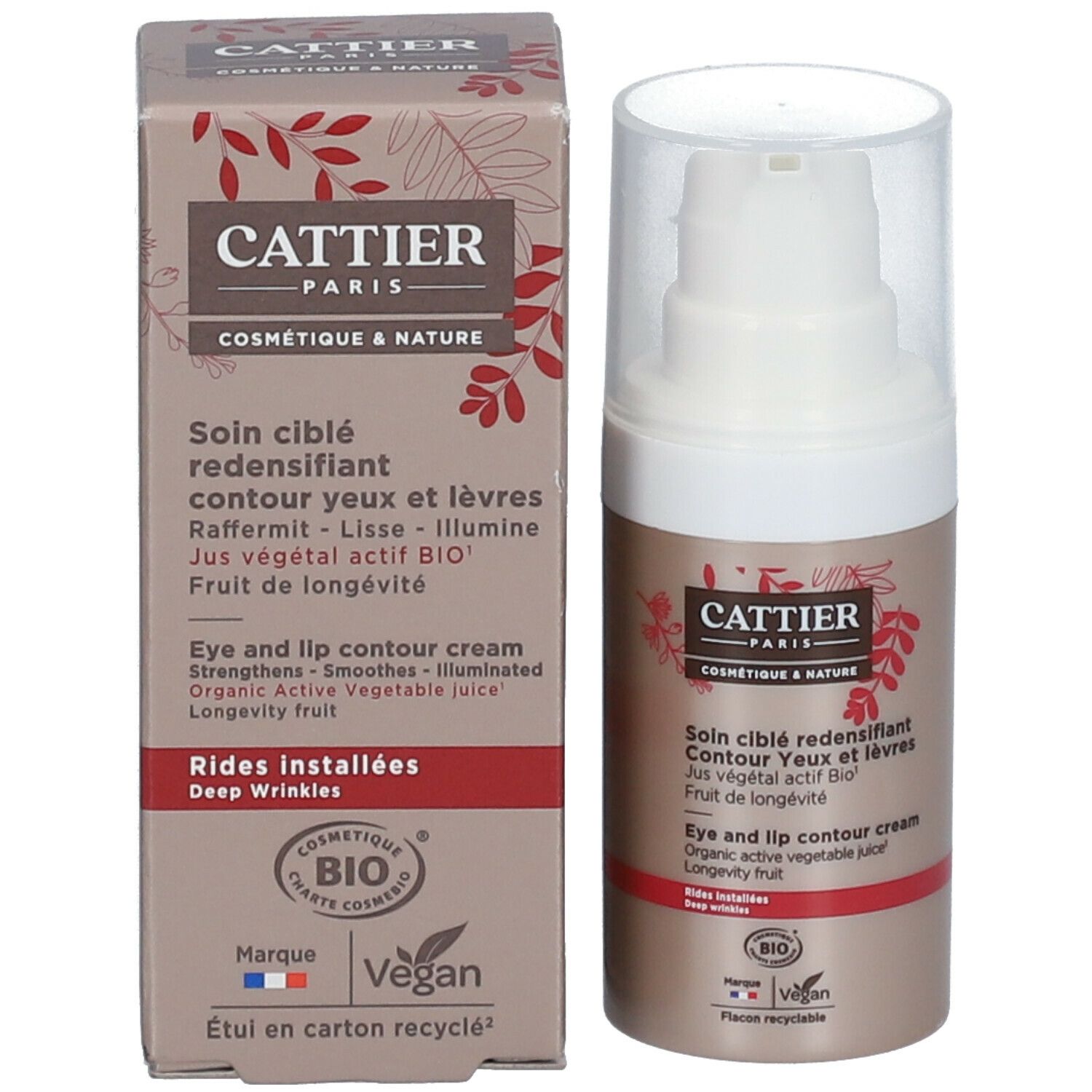 Productverpakking en crèmedispenser. Opschrift CATTIER PARIS. Productnaam en beschrijving op het etiket.