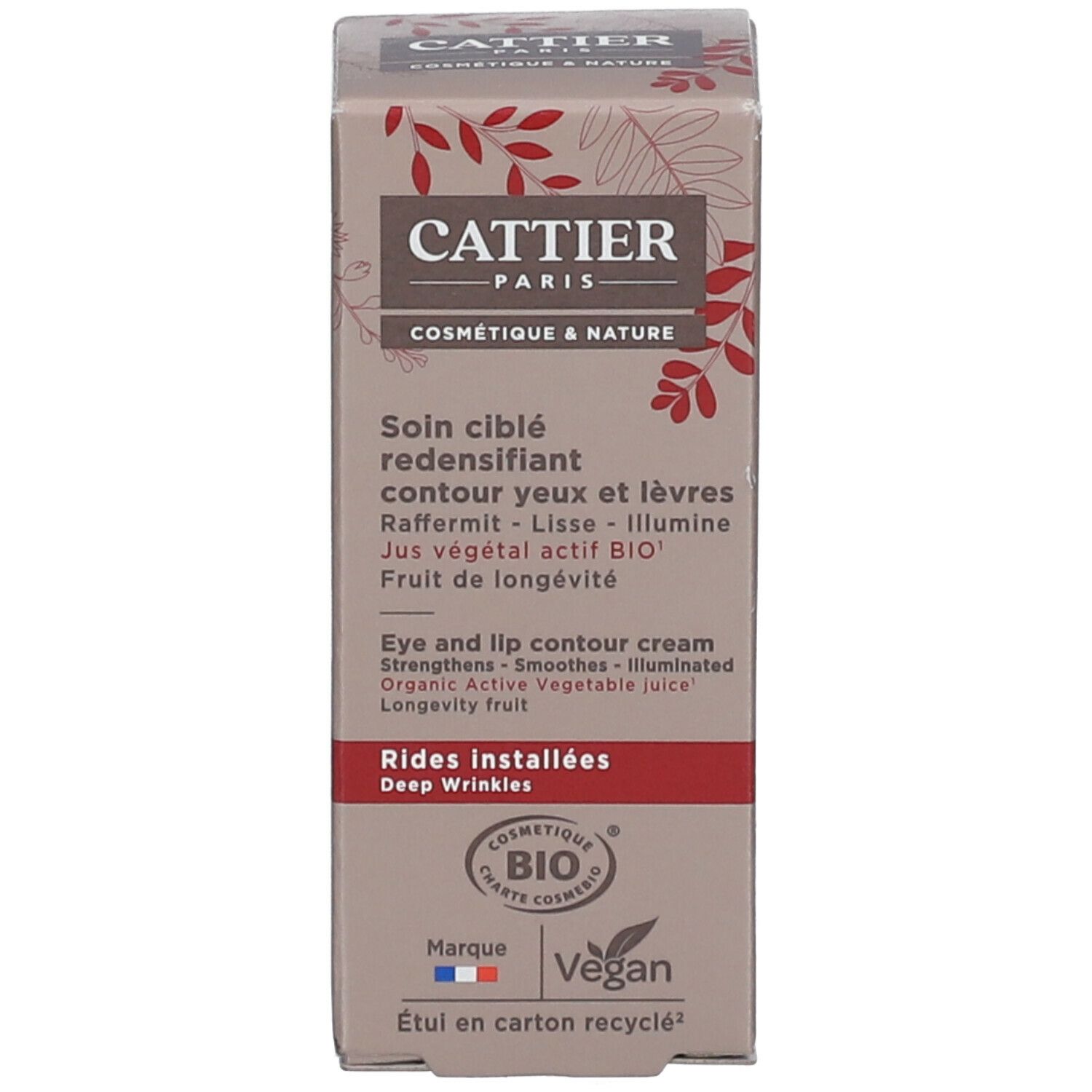 Productverpakking. Opschrift CATTIER PARIS. Productnaam en beschrijving op het etiket.