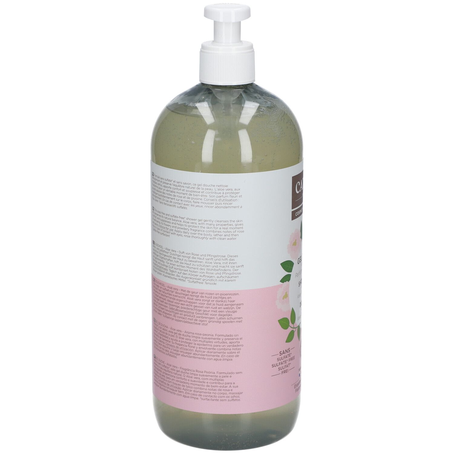 Dos du flacon. Étiquette avec texte, ingrédients, informations fabricant. Design rose et blanc. Labels bio et vegan.
