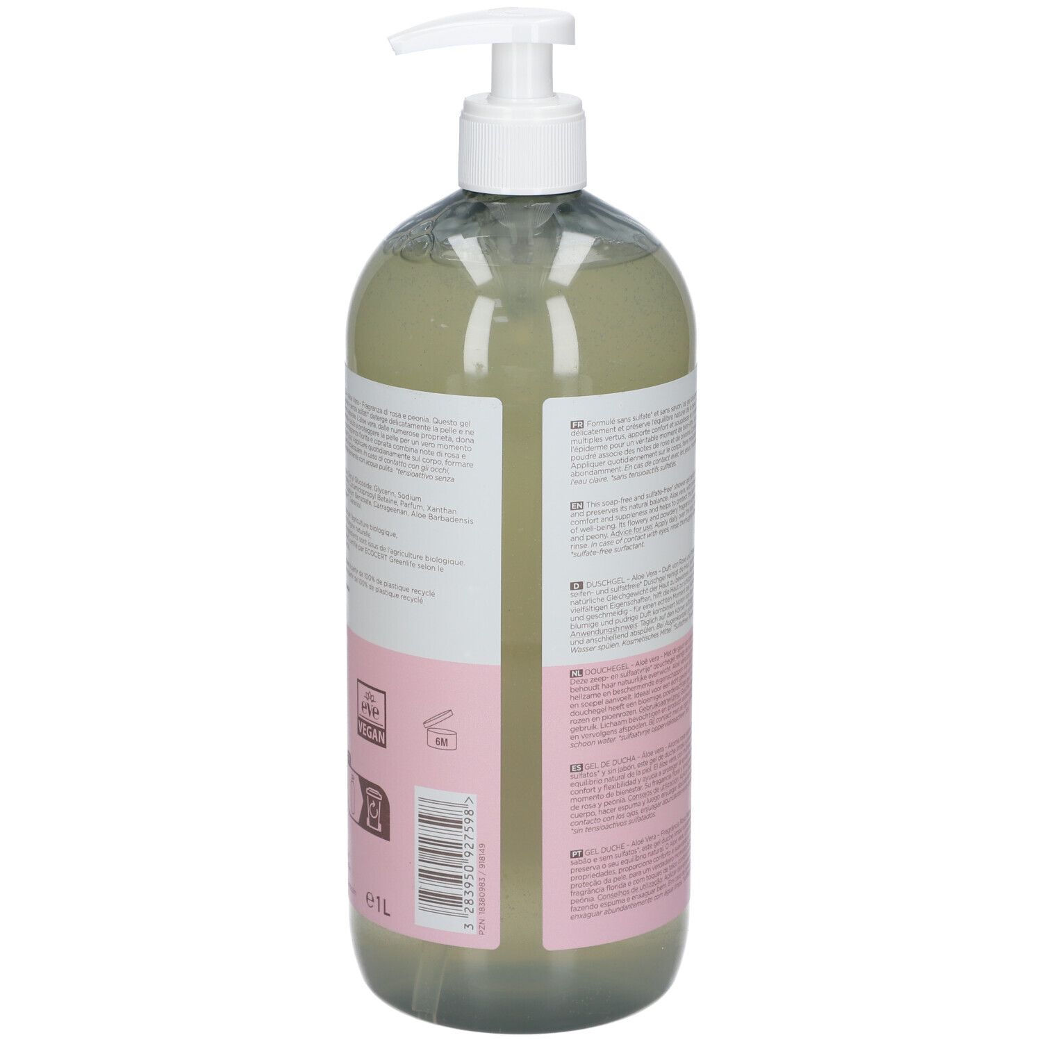 Dos du flacon. Étiquette avec texte, ingrédients, informations fabricant. Design rose et blanc. Labels bio et vegan.