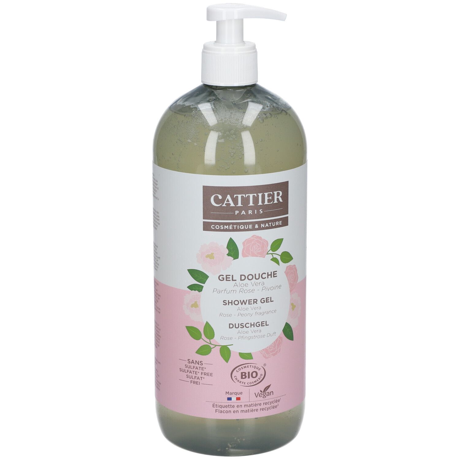 Flacon transparent avec pompe. Étiquette avec nom de marque, nom du produit, illustrations de roses et pivoines, label bio.