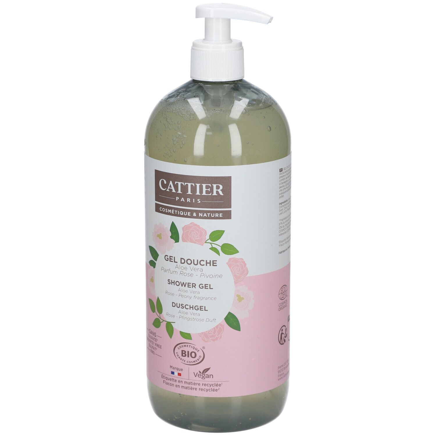 Flacon transparent avec pompe. Étiquette avec nom de marque, nom du produit, illustrations de roses et pivoines, label bio.