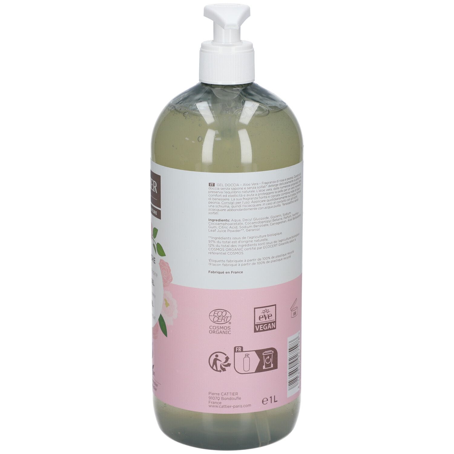 Dos du flacon. Étiquette avec texte, ingrédients, informations fabricant. Design rose et blanc. Labels bio et vegan.