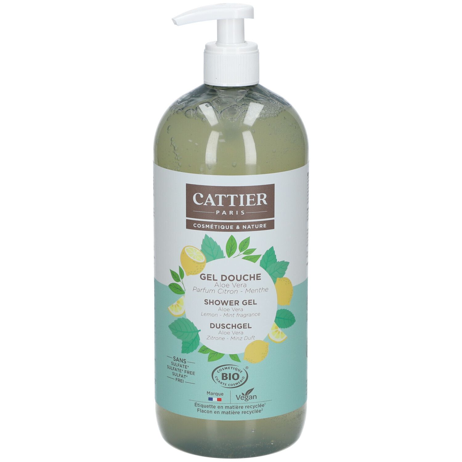Flacon de gel douche avec pompe. Inscription: CATTIER PARIS, Gel Douche, Parfum Citron Menthe. Certification bio, vegan.