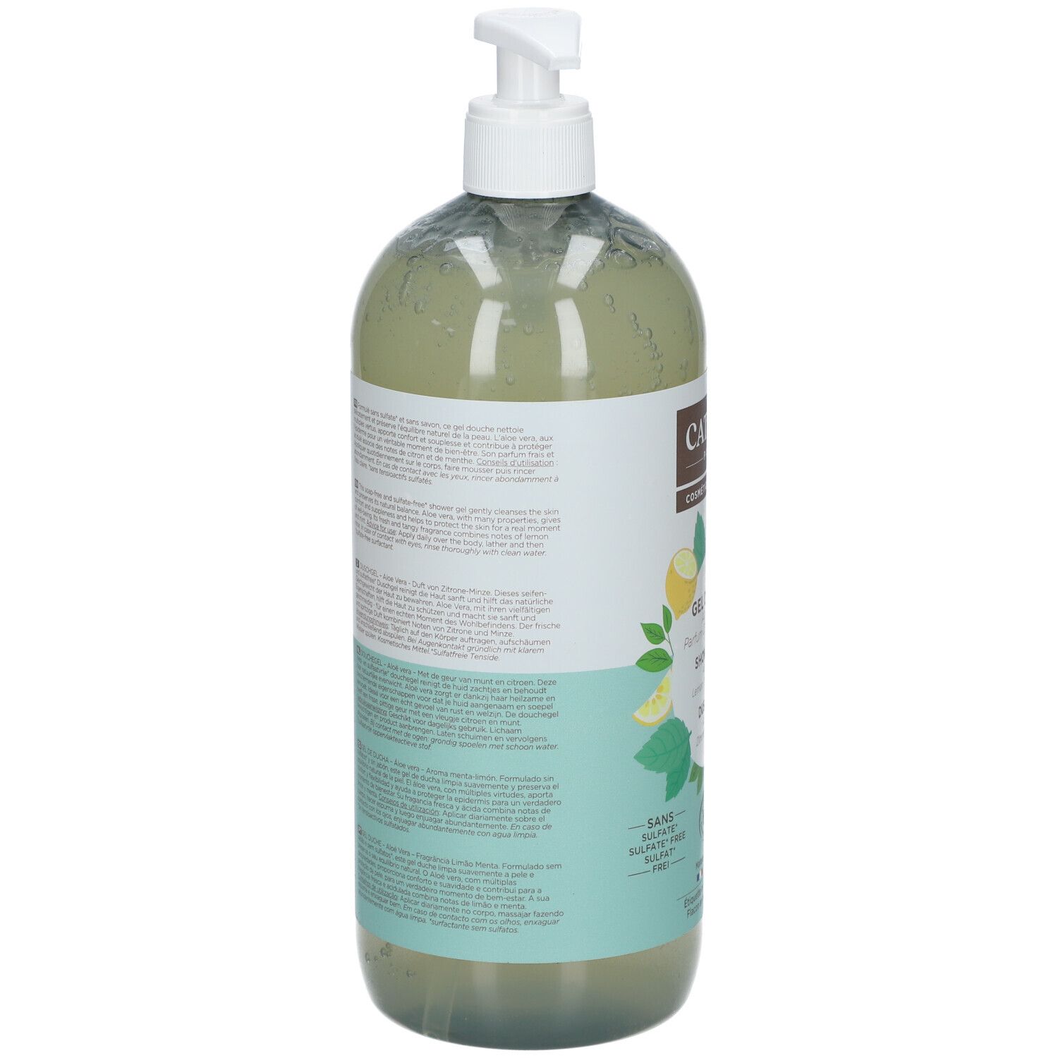 Dos du flacon de gel douche. Extraits de texte multilingues. Certifications vegan et bio. Flacon en matière recyclée.