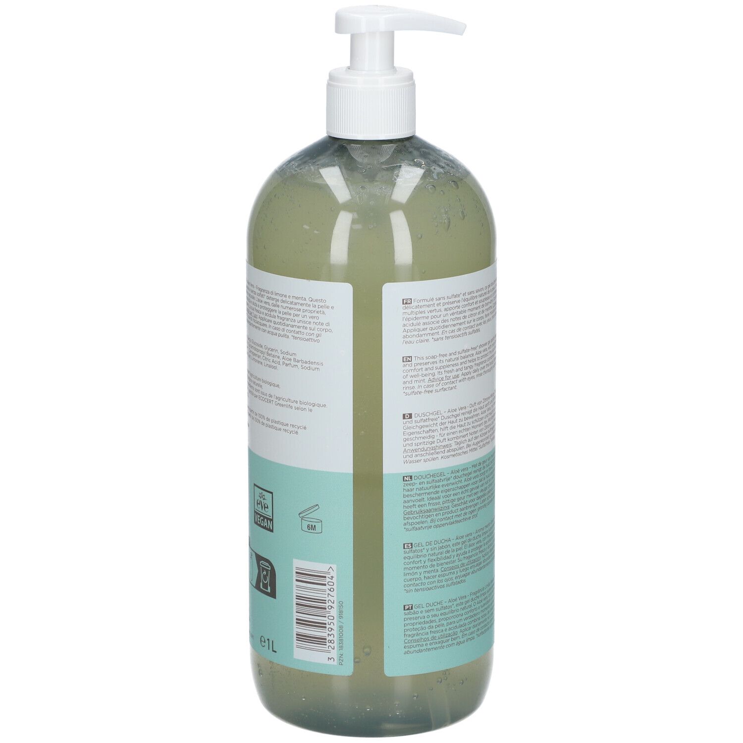 Dos du flacon de gel douche. Extraits de texte multilingues. Certifications vegan et bio. Flacon en matière recyclée.