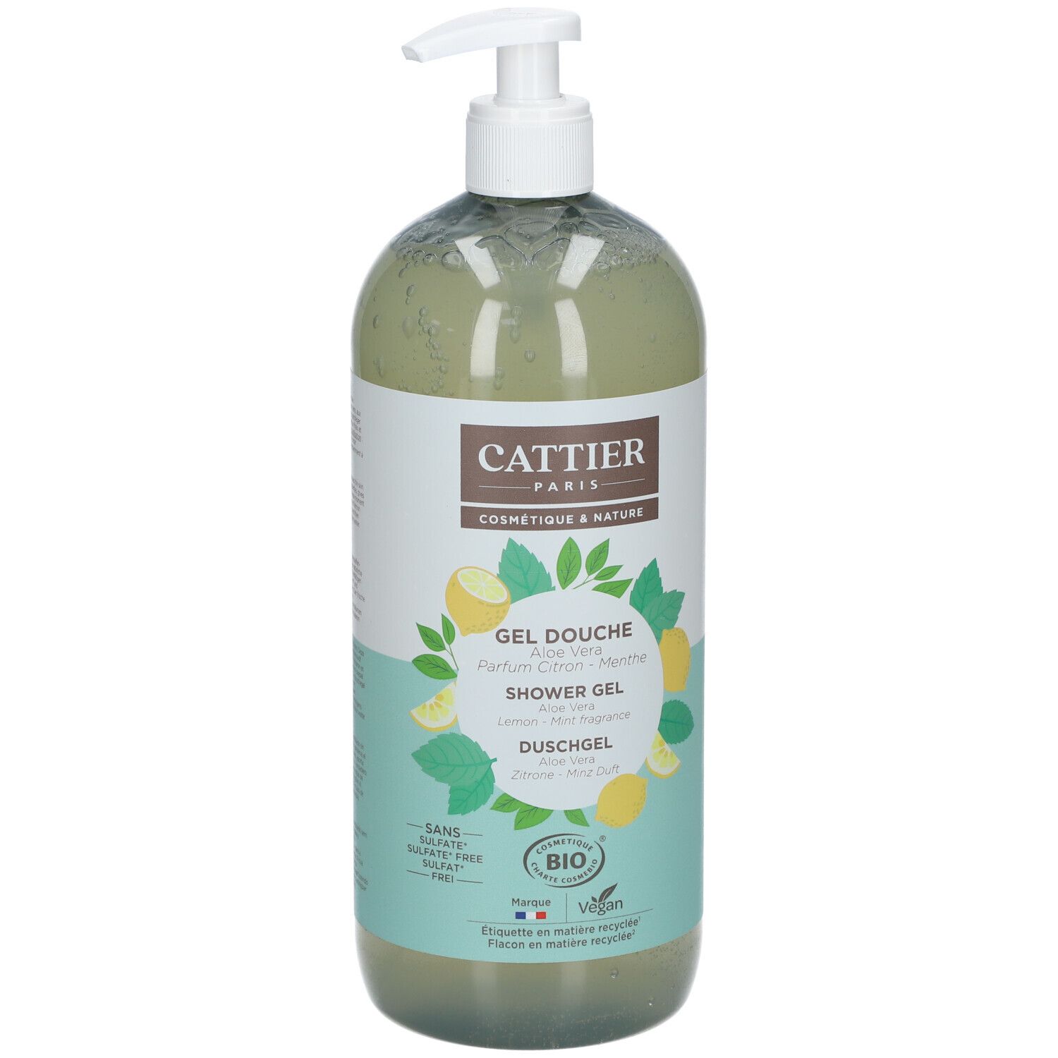Flacon de gel douche avec pompe. Inscription: CATTIER PARIS, Gel Douche, Parfum Citron Menthe. Certification bio, vegan.