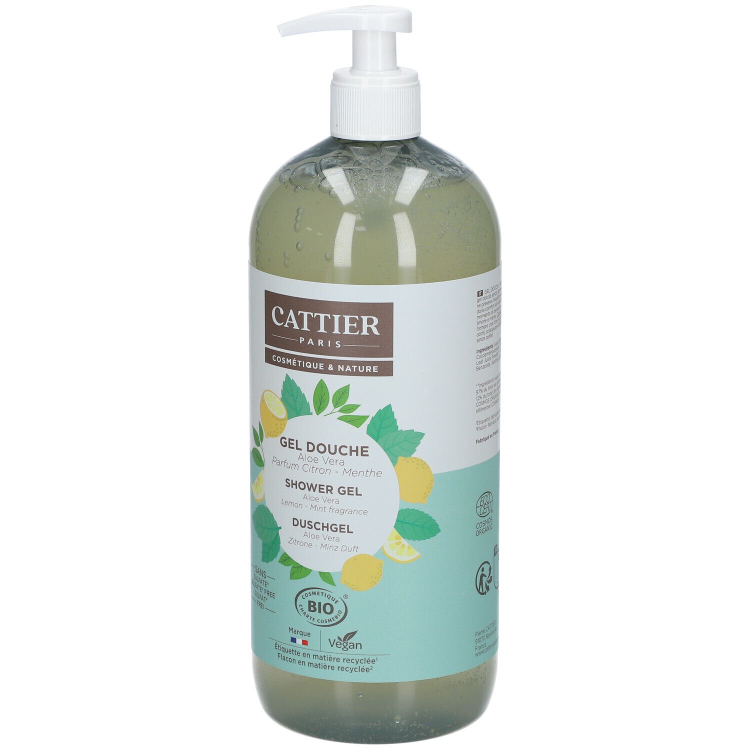 Flacon de gel douche avec pompe. Inscription: CATTIER PARIS, Gel Douche, Parfum Citron Menthe. Certification bio, vegan.