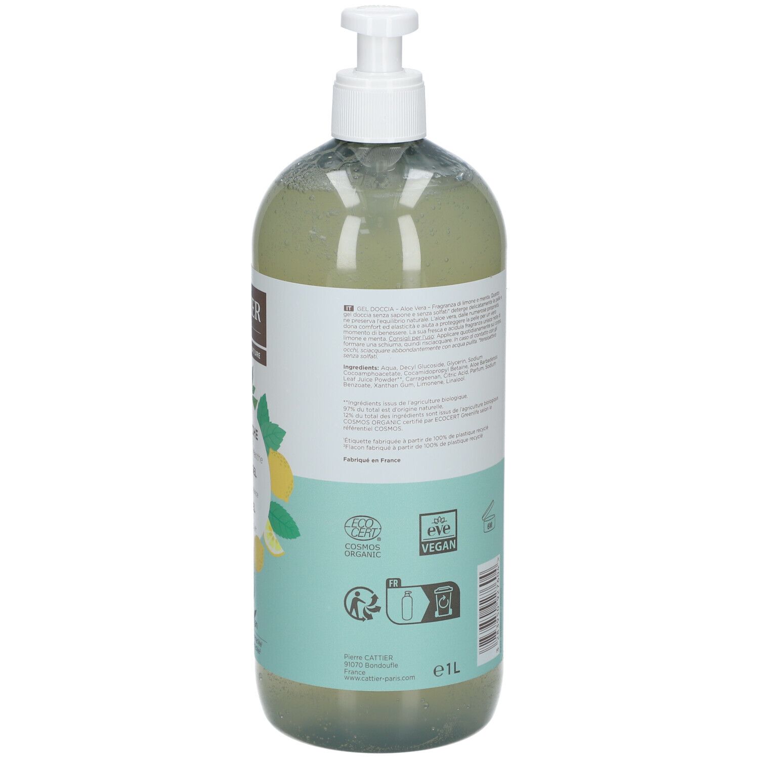 Dos du flacon de gel douche. Extraits de texte multilingues. Certifications vegan et bio. Flacon en matière recyclée.