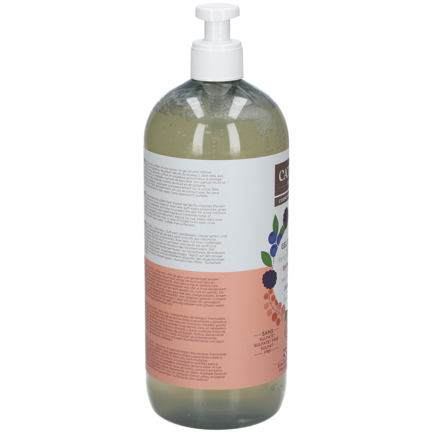 Dos du flacon de gel douche CATTIER. Texte sur l'étiquette, incluant ingrédients et certifications.
