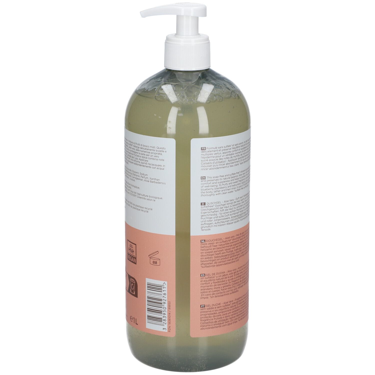 Dos du flacon de gel douche CATTIER. Texte sur l'étiquette, incluant informations et code-barres.
