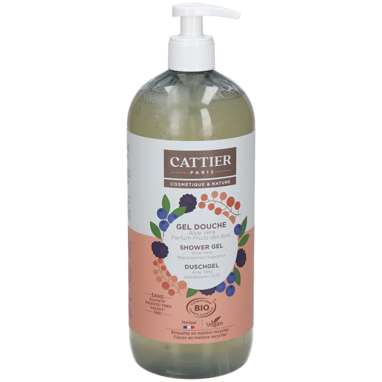 Flacon transparent de gel douche CATTIER avec pompe blanche. Étiquette avec nom du produit et illustrations de baies.