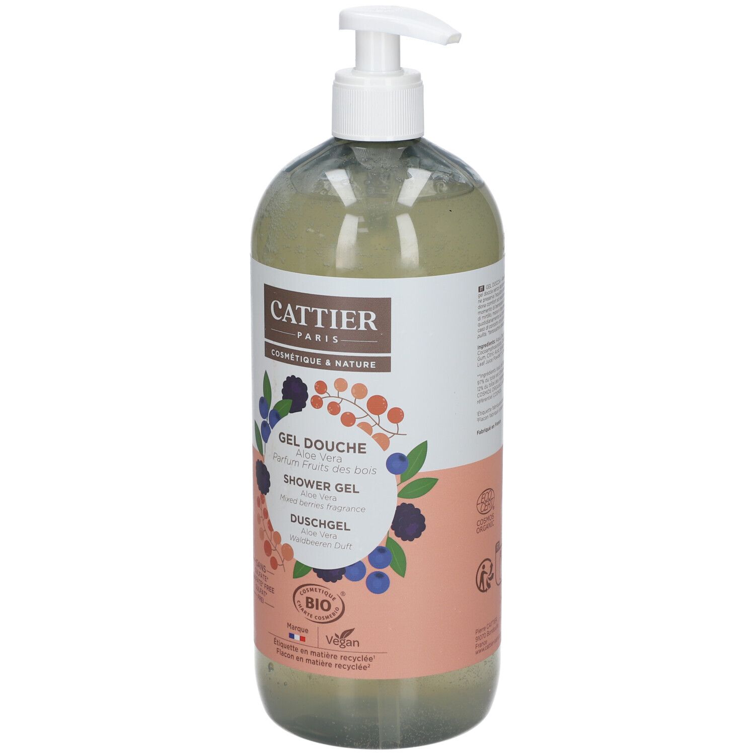 Flacon transparent de gel douche CATTIER avec pompe blanche. Étiquette avec nom du produit et illustrations de baies.