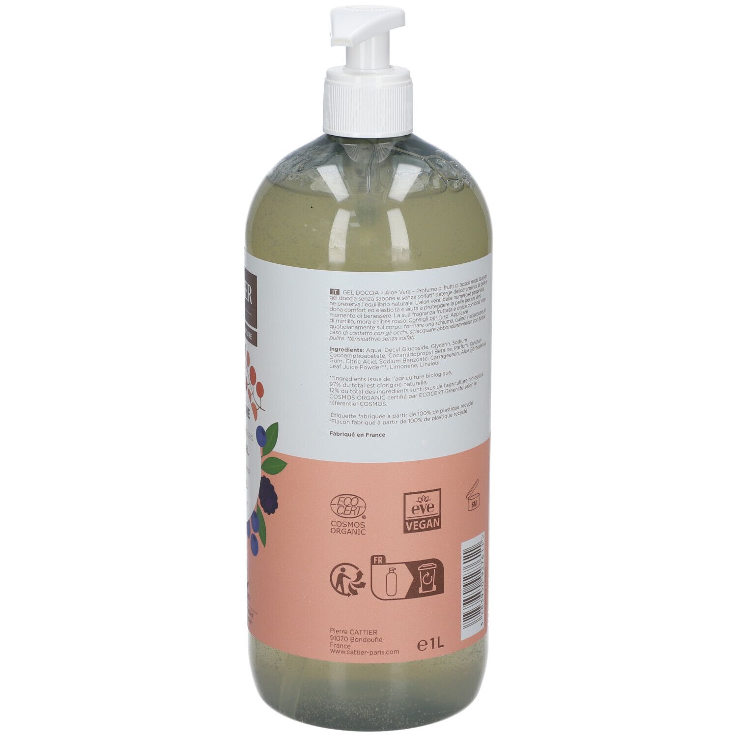 Dos du flacon de gel douche CATTIER. Texte sur l'étiquette, incluant ingrédients et certifications.
