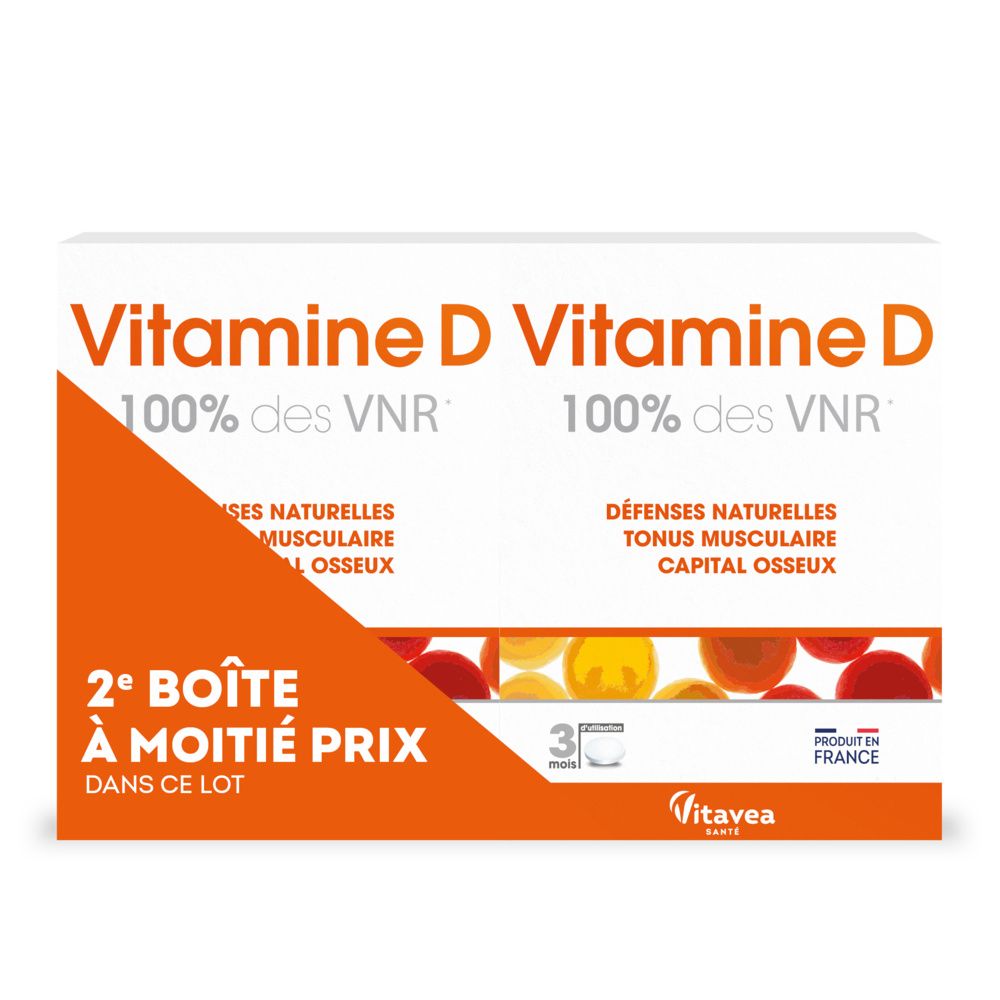 Boîte de Vitamine D, 100% des VNR. Offre : 2e boîte à moitié prix. Marque Vitavea. Produit en France. Contient 3 mois.