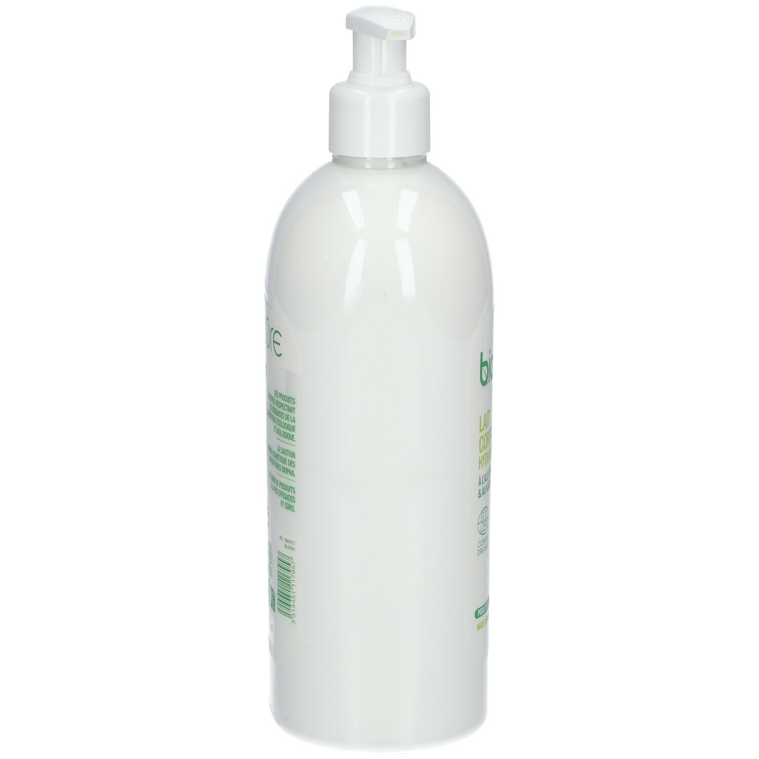 Flacon blanc avec pompe, vue latérale. Texte et logos sur le flacon. Label bio.